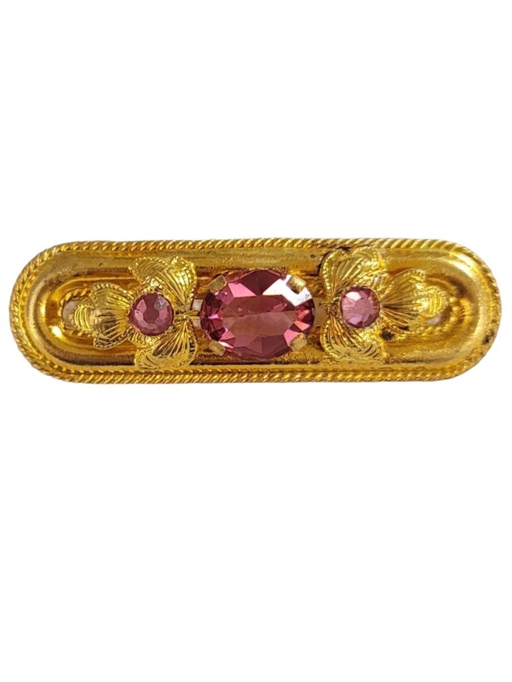 Czech Gold Tone Pink Rhinestone Leaf Bar Pin K969